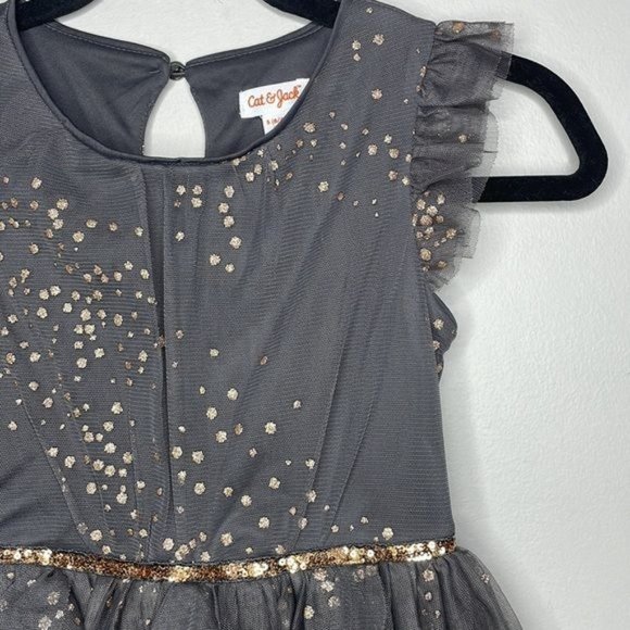 Cat & Jack Sz S 6 6X Girls Gray Metallic Gold Tulle Sleeveless Fit & Flare Dress - Picture 5 of 10